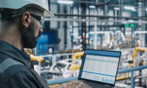 Homem utilizando um notebook para representar as inovações da industria 4.0 junto aos sistemas de bombas hidráulicas industriais